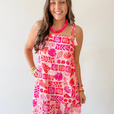 Tropical Print Tasseled Dress - Pink
