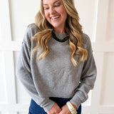 Cropped Knit Crew Sweater - Grey