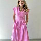 Short Sleeve Pinktuck Zip Midi Dress - Pink