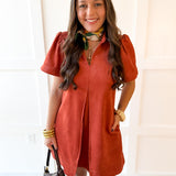 Front Pleated Suede Mini Dress - Rust