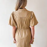 Puff Sleeve Self Tie Mini Dress- Tan