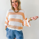 Striped Open Knit Crochet Top - White/Tangerine