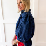 Denim High Neck Shirt Top- Dark Denim