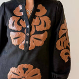 Embroidered Faux Leather Dress - Black
