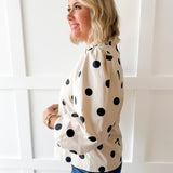 Ruffled Neckline Button Down Polka Dot Top
