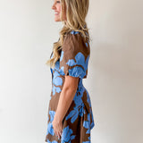 Floral Puff Sleeve Mini Dress - Blue Mocha