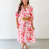 Roll Up Shirt Sleeve Midi Dress - White/Tangerine