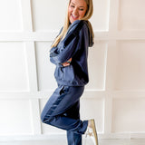 Contrast Satin Top & Pant Set - Navy