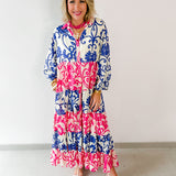 Floral Print Tiered Woven Dress - Pink/Blue