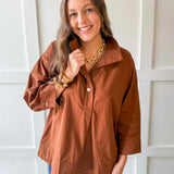 Lapel Collar Poplin Top - Brown