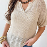 Split Neck  Sheer Crochet Knit Top -Khaki