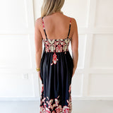 Floral Print Smocked Maxi Dress- Black