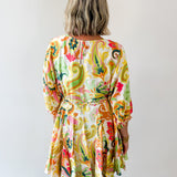 Braid Belted 3/4 Sleeve Mini Dress- Yellow/Pink