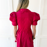 Puff Sleeve Waist Tie Dress - Red