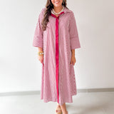 Contrast Striped Midi Shirt Dress - Crimson