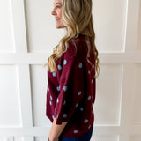 Polka Dot Oversized Knit Top- Burgandy