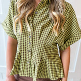 Gingham Pleated Waist Top - Matcha
