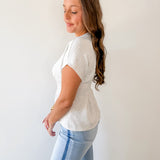 Crew Neck Cap Sleeve Pleated Waist Top