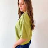 Crew Neck Elbow Length Sleeve Knit Top - Green
