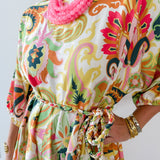 Braid Belted 3/4 Sleeve Mini Dress- Yellow/Pink
