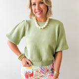 Solid Knit Bubble Sleeve Top - Olive