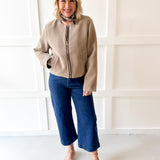 Pleather Trimmed Zip Front Jacket- Milk Tea