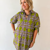 Button Down Tie Sleeve Dress- Olive