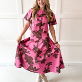 Floral top & Midi Skirt Set- Pink/Brown