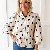Ruffled Neckline Button Down Polka Dot Top
