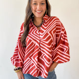 Abstact Print Drop Sleeve Top - Pink-Brown