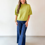 Crew Neck Elbow Length Sleeve Knit Top - Green