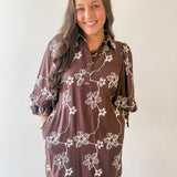 Floral Print Puff Sleeve Dress- Brown
