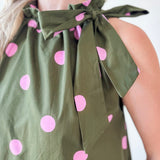 Polka Dot Midi Dress with Ruffled Neck Tie - Olive
