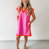 Contrast Accent Dress - Pink/Orange