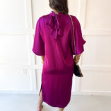 Flowy Satin Tie Back Midi Dress - Plum