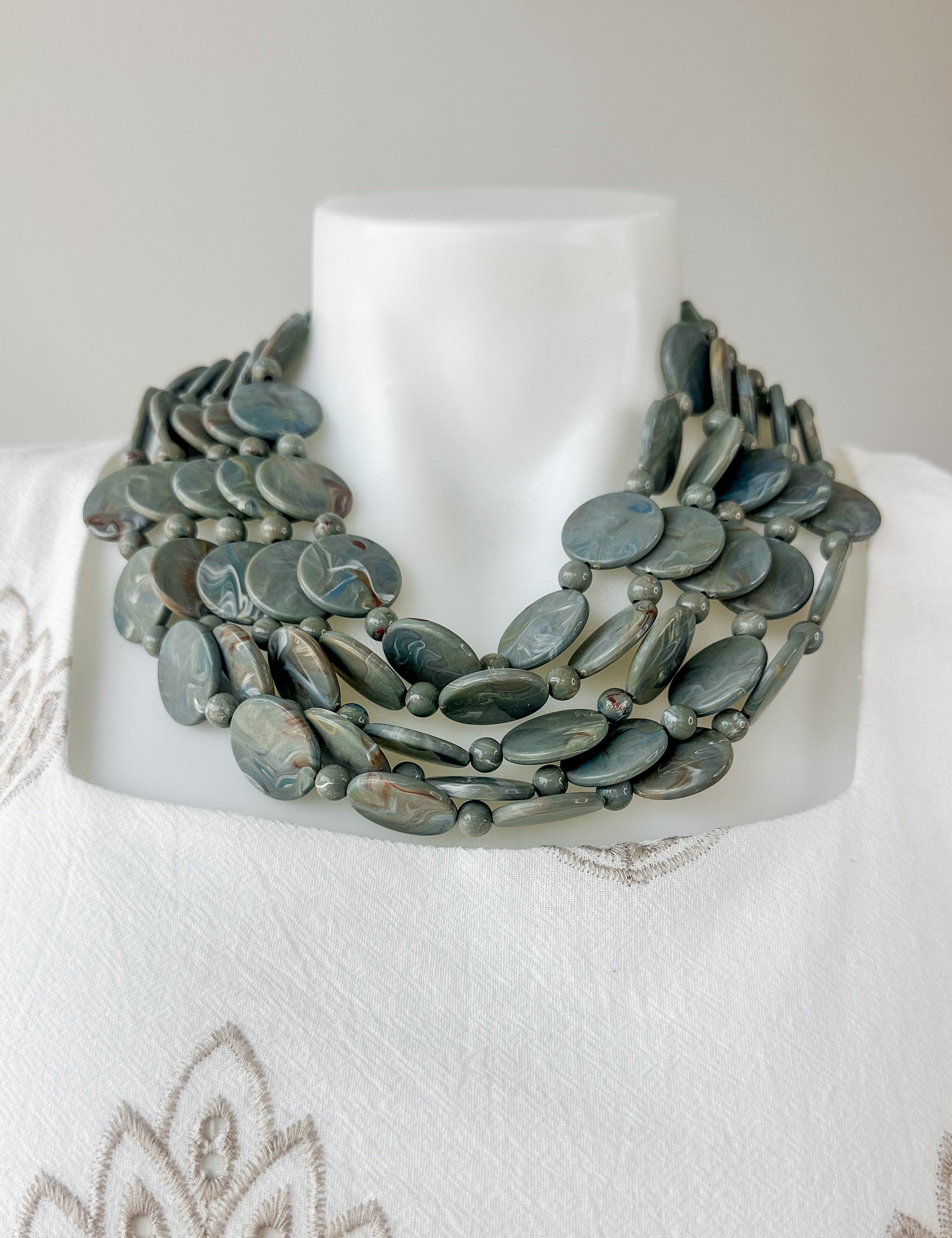 5 Row Marble Disc Necklace Sage