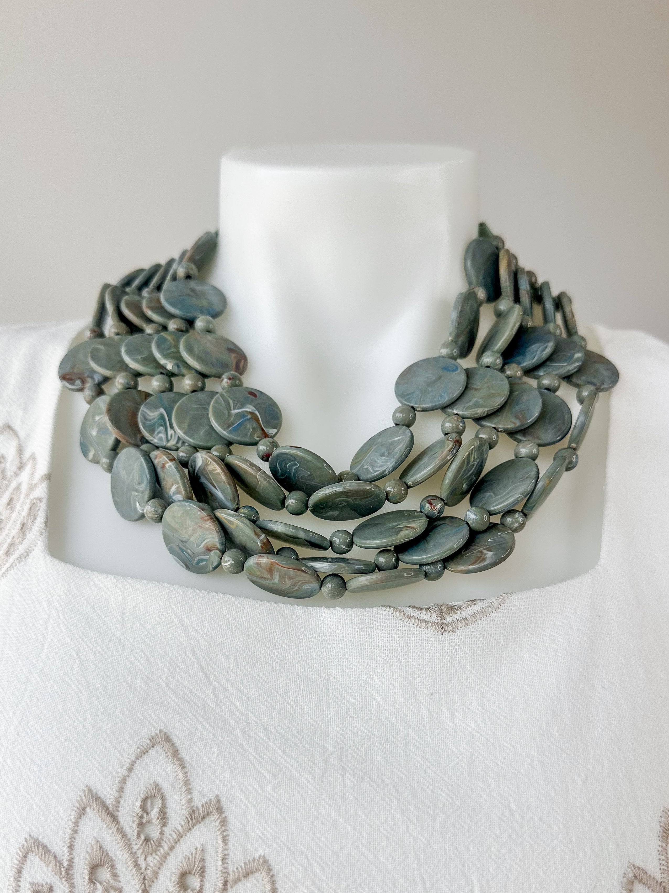 5 Row Marble Disc Necklace Sage