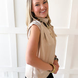 Mock Neck Shoulder Pleated Top - Beige