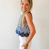 Embroidery Hem Top - Navy/White