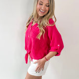 Linen Front Tie Shirt - Raspberry