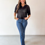 Split Neck Sheer Knit Top - Black