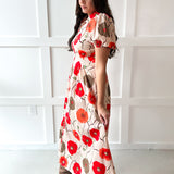 Poppy Print Puff Sleeve Dress - Ecru