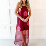 Polka Dot Sheer Maxi Dress - Burgandy
