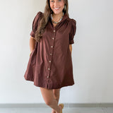 Puff Sleeve Buttoned Mini Dress - Brown