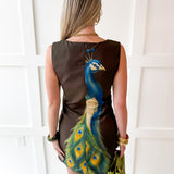 Abstract Peacock Print Boat Neck Mini Dress