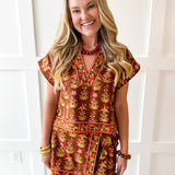 Floral Print Top & Skort Set- Brown