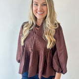 Poplin Peplum Pleated top - Brown