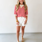 Stripe Contrast Knit Top - Red