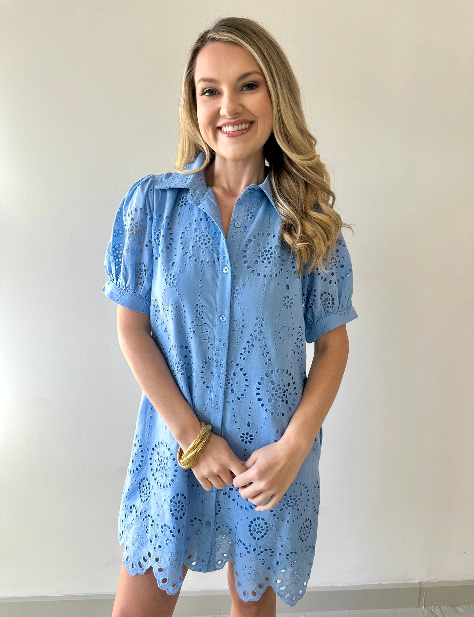 Eyelet Button Down Puff Sleeve Dress