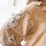 Lapel Embroidered Puff Sleeve Top-Taupe